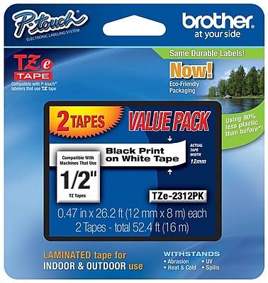 Brother P-touch TZe-231 Laminated Label Maker Tape, 1/2 x 26-2/10', Black On White, 2/Pack (TZe-2312PK)