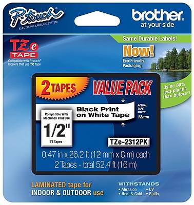 Brother P-Touch Tze Laminated Label Maker Tape, 0.47 in x 26.2 ft, Black on White (2 ct)