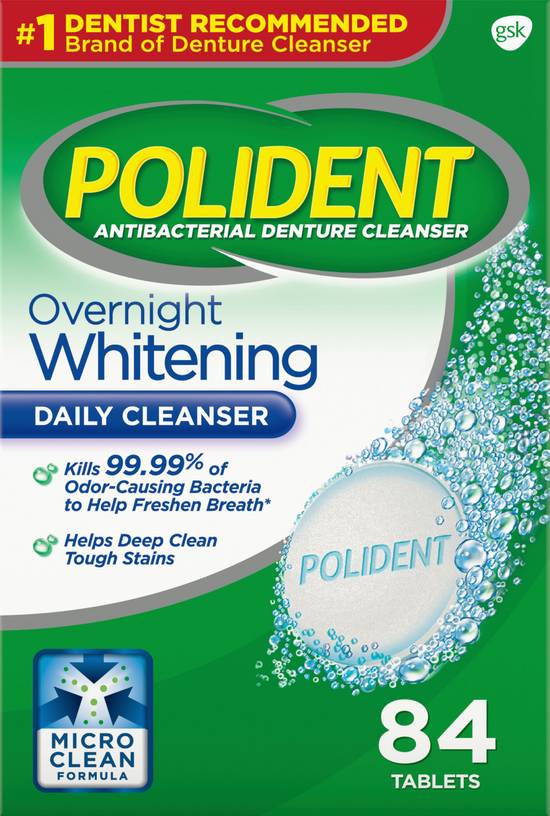 Polident Antibacterial Denture Cleanser Triple Mint Freshness Overnight Whitening Tablets