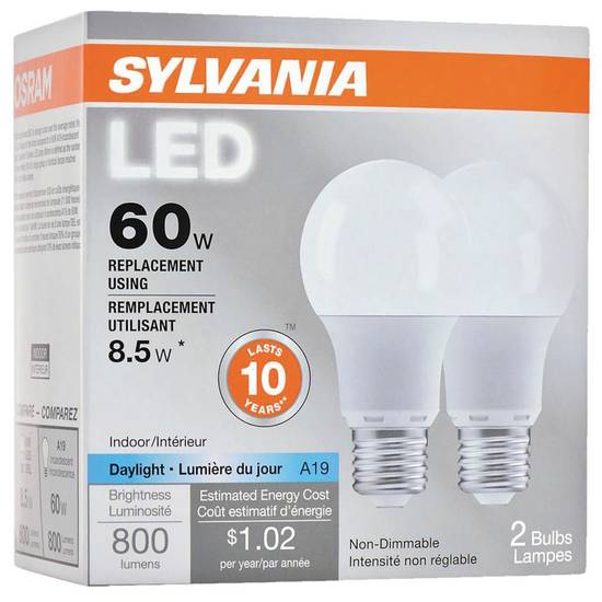 Sylvania Led Light Bulb 8.5w A19 (2x1ea)