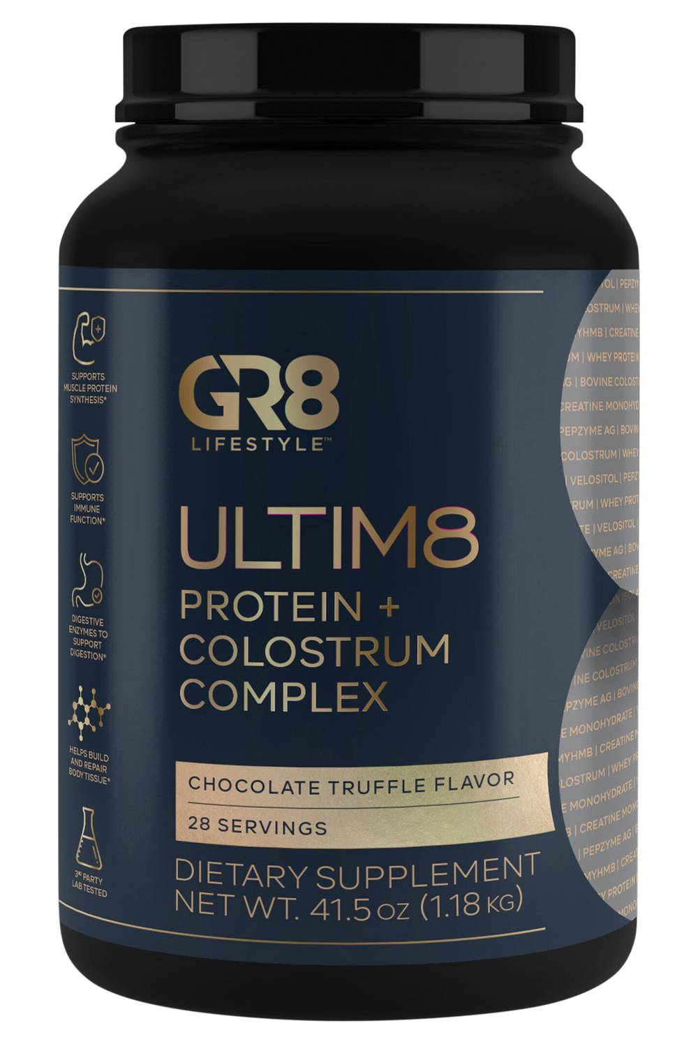 GR8 Lifestyle Ultim8 Protein Colostrum Complex Powder Supplement, Chocolate Truffle (41.5 oz)