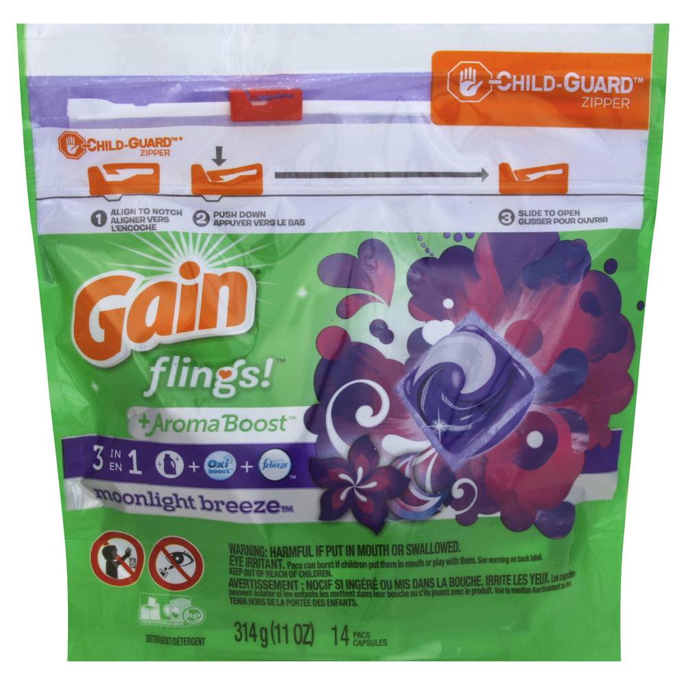Gain Flings! Liquid Laundry Detergent Pacs, Moonlight Breeze (11 oz, 14 ct)