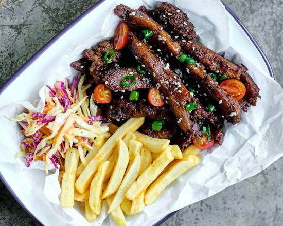 Sticky Ribs, Chips and Slaw