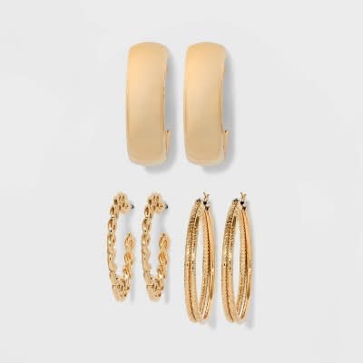 Wild Fable Frozen Chain & Chunky Hoop Earring Set, Gold (3 ct)