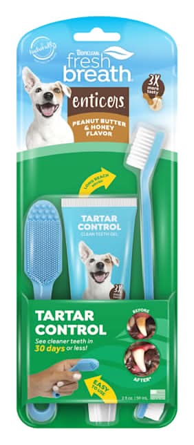 TropiClean Fresh Breath Enticers Peanut Butter & Honey Oral Care Kit for Dogs, 2 fz.