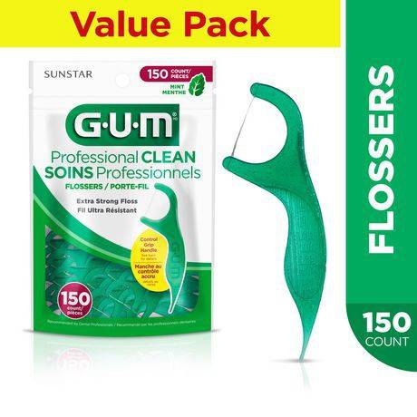 GUM Professional Clean Flossers, 150ct, Mint (extra-strong floss. 150 per bag.)