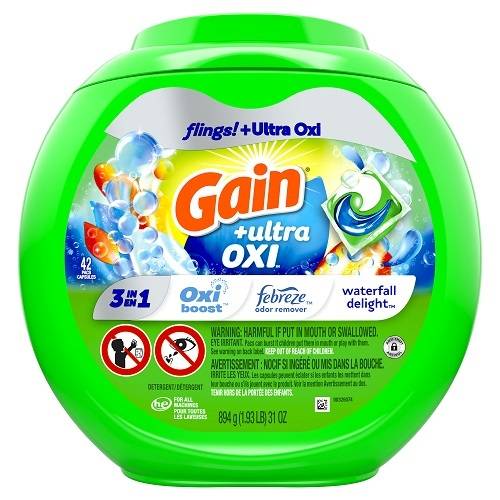 Gain Ultra Oxi Flings Laundry Detergent Pacs, Waterfall Delight (894 g, 42 ct)