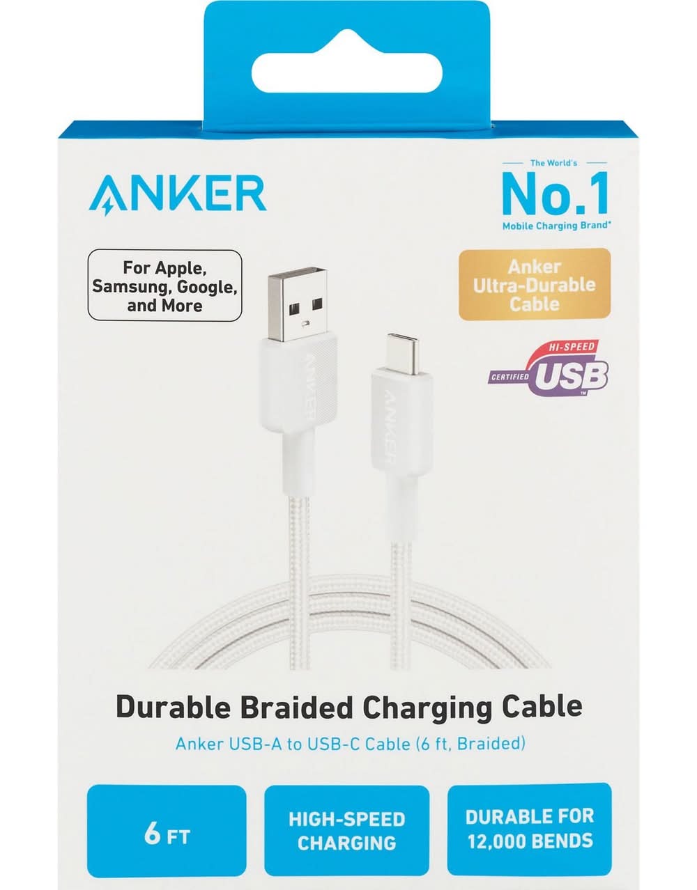 Anker 6-Foot Usb-A To Usb-C Charging Cable, White