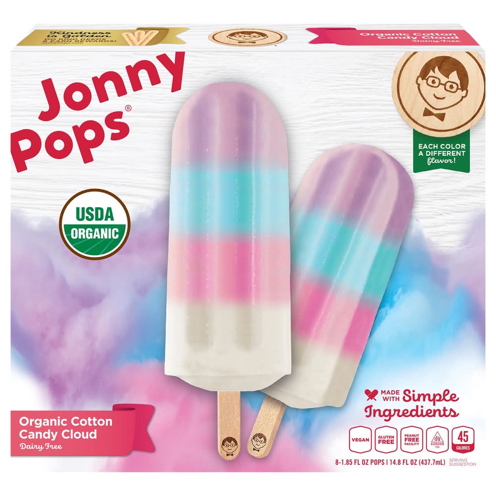 JonnyPops Organic Cotton Candy Cloud Frozen Bars, Assorted (8 x 1.85 fl oz)