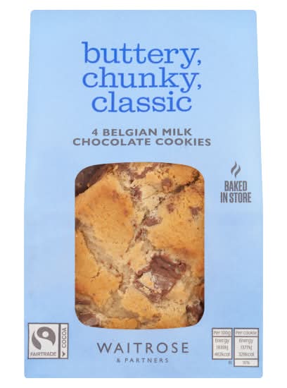 Waitrose & Partners Belgian Milk Chocolate, Buttery Chunky Classic Cookies (4 pack)