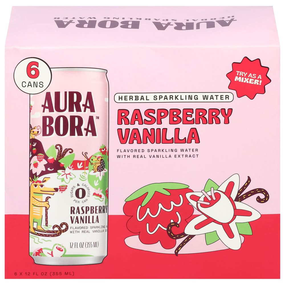 Aura Bora Herbal Sparkling Water, Raspberry-Vanilla (6 x 12 fl oz)