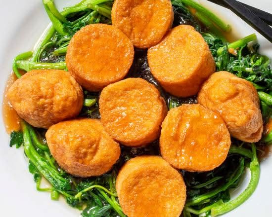 Japanese Egg Tofu with Vegetable 玉子豆腐扒时菜| Postmates
