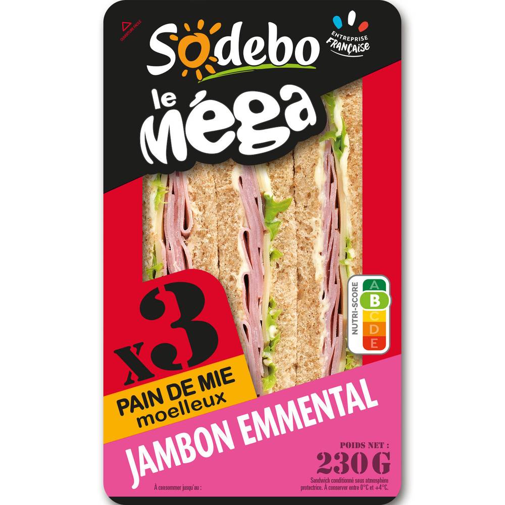 Sandwichs club pain complet jambon emmental SODEBO - 3 clubs triangles - 230 g