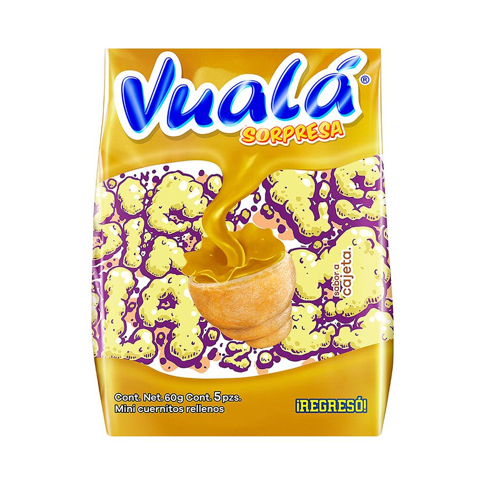 Vualá cuernitos sorpresa sabor cajeta (bolsa 60 g)