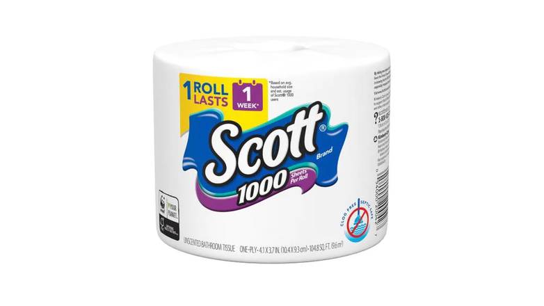 Scott 1000 Sheets Per Roll Toilet Paper, 1 Roll, Bath Tissue