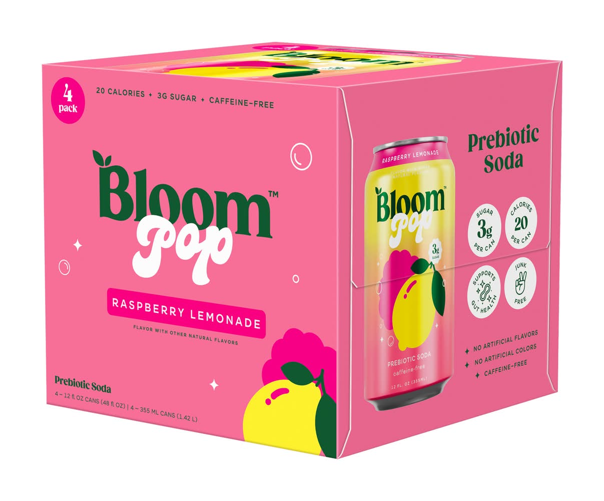 Bloom Prebiotic Soda, Raspberry-Lemonade (4 x 12 fl oz)
