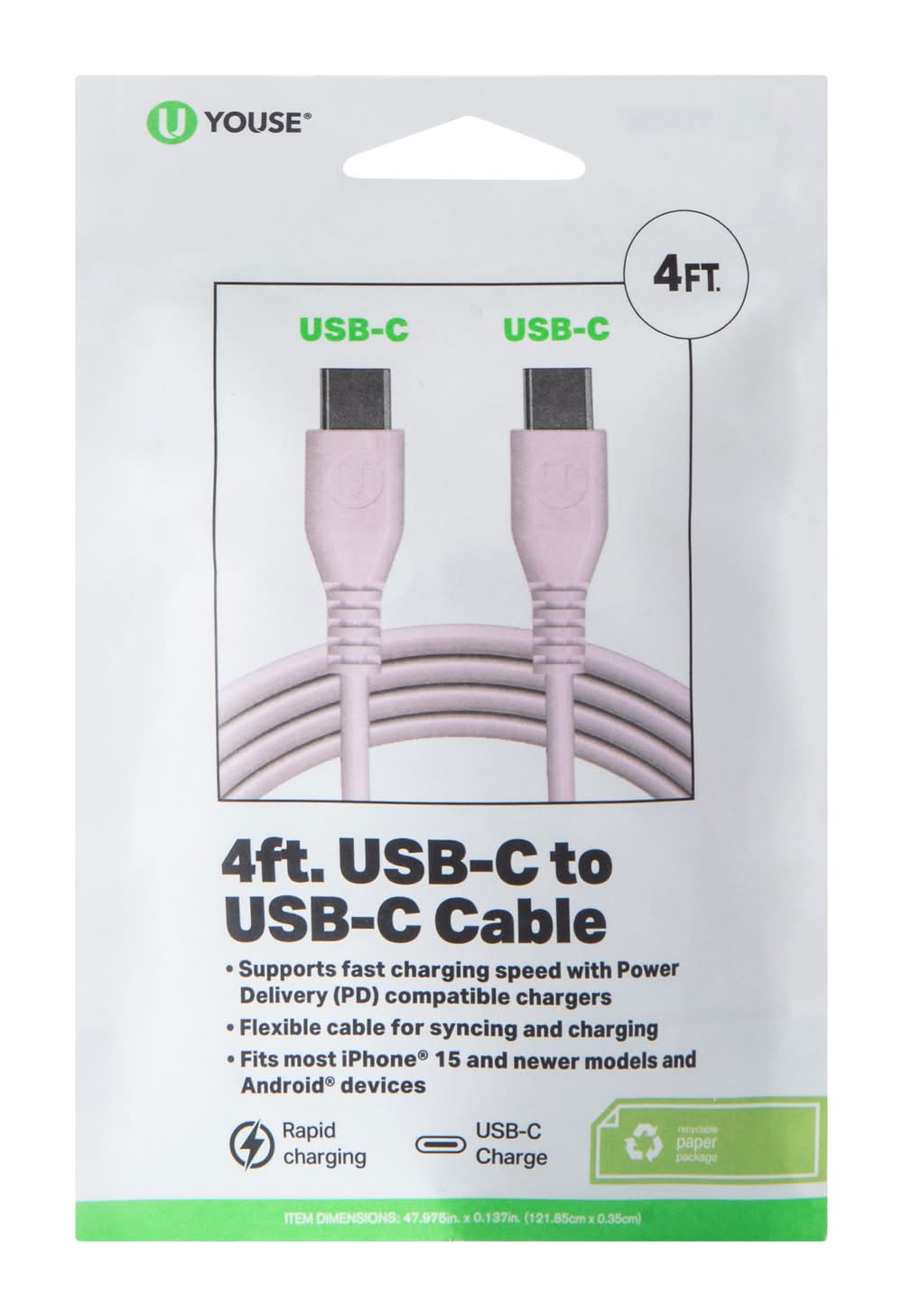 4ft USB-C To USB-C Cable Pink