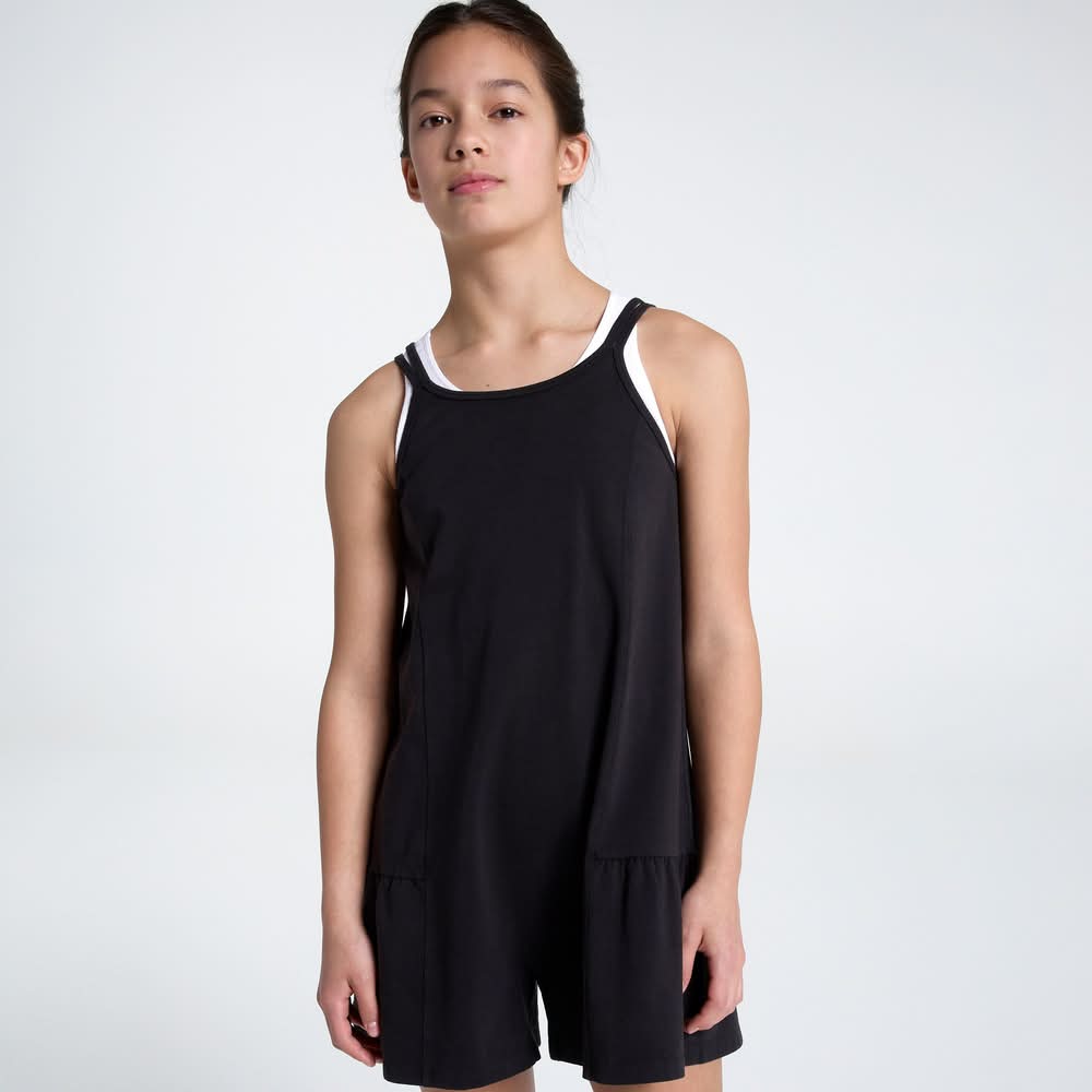 DSG Girls' Tiered Athleisure Romper (Pure Black, L)