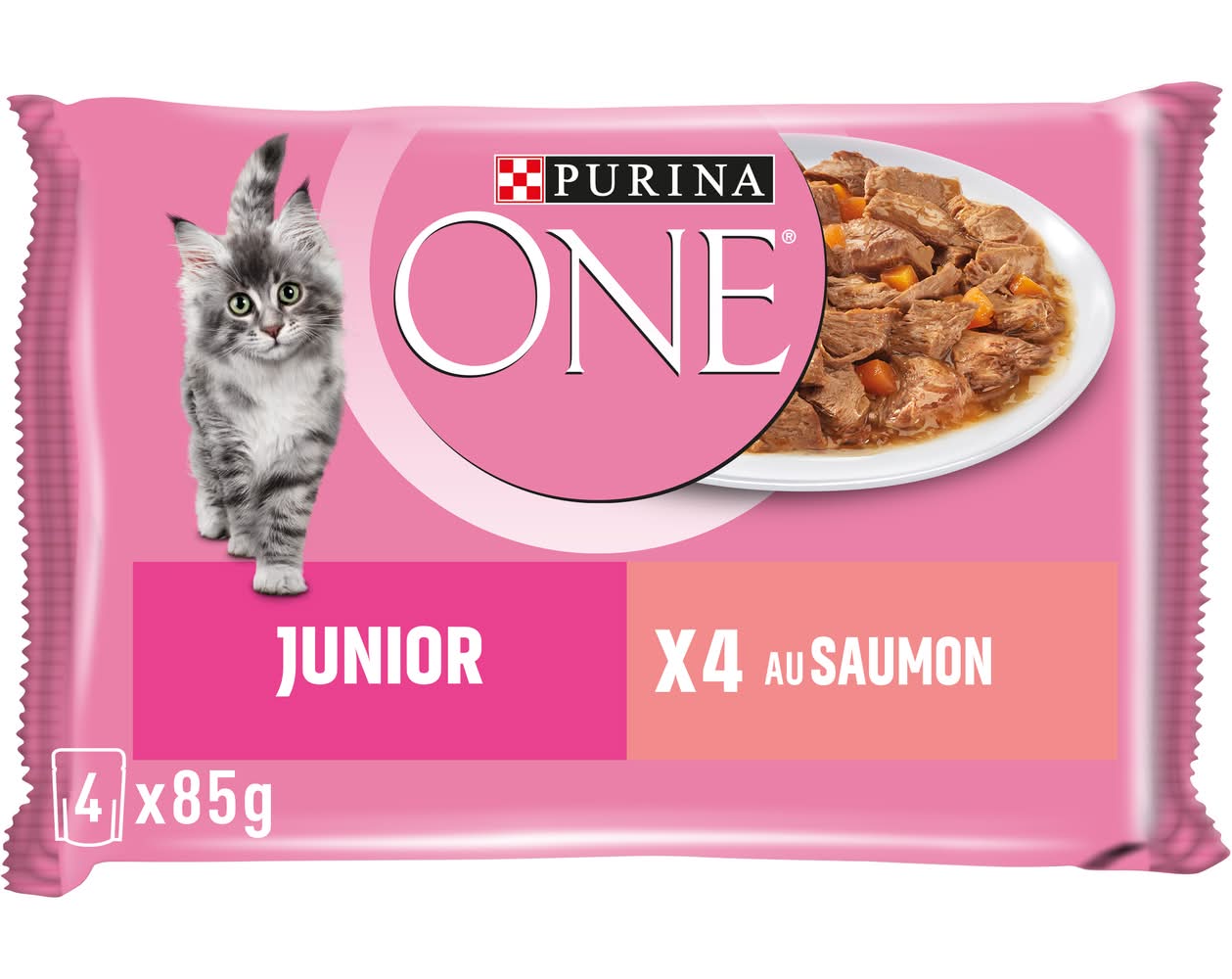 Purina One - Pâtée pour chat de 1 à 12 mois effilé, saumon, Junior (4 x 85g)
