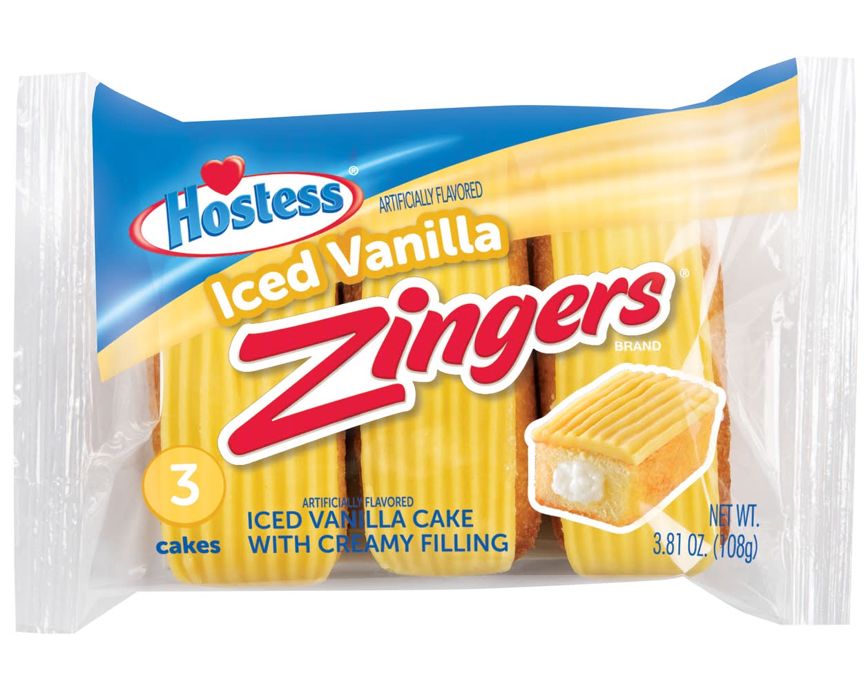 Hostess Zingers Cake With Creamy Filling, Iced Vanilla (3.81 oz, 3 ct)
