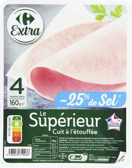 Carrefour Extra - Jambon le supérieur -25% de sel (4 pièces)