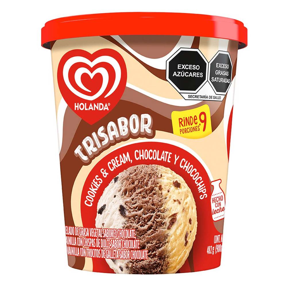 Holanda · Helado trisabor, cookies y cream-chocolate-chocochip (900 ml)