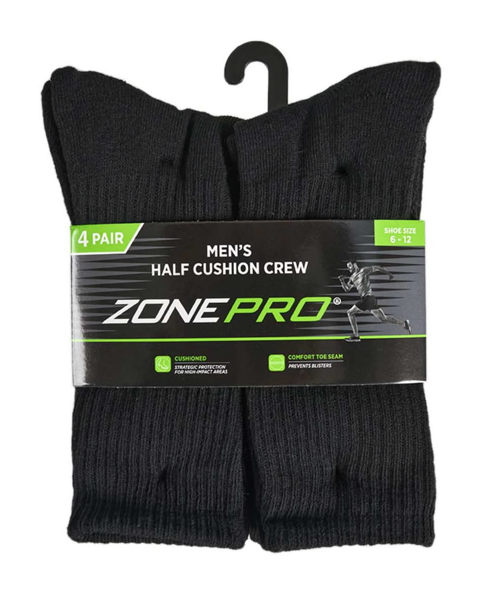 Mens P4 Crew Blk Zone Pro Mens Socks Crew Black Sz 6/12-4ct