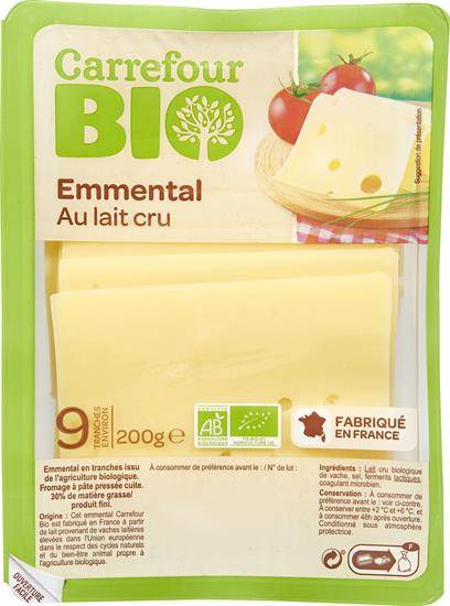 FID - Fromage Bio en Tranches Emmental Au Lait Cru CARREFOUR BIO - la barquette de 9 tranches