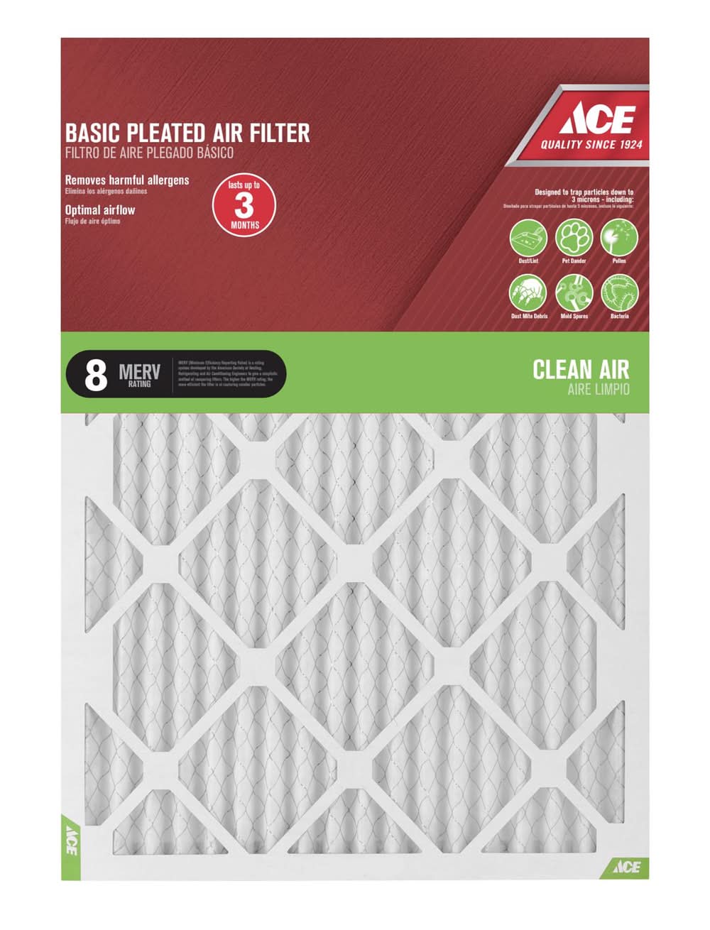 ACE 16 In. W X 25 In. H X 1 In. Synthetic 8 Merv Pleated Air Filter 1 Pk
