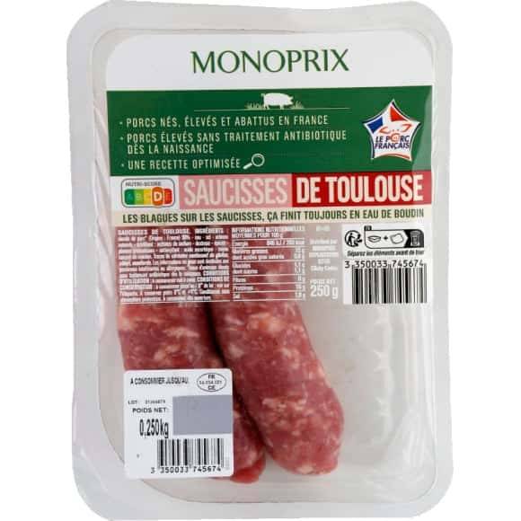 Monoprix Saucisses De Toulouse De Porc Élevé Sans Traitement Antibiotique La Barquette De 2 = 250 G