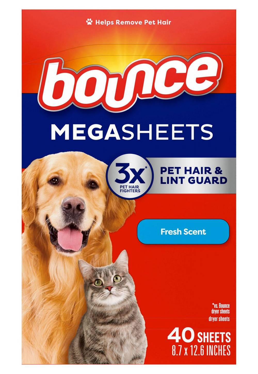 Bounce Pet Hair and Lint Guard Mega Dryer Sheets With 3x Pet Hair Fighters, 8.7x12.6 in (40 ct)