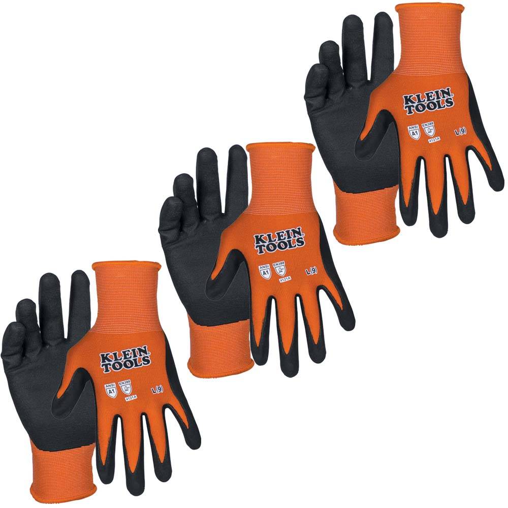 Klein Tools Large Orange Nitrile Dipped Nylon Blend Gloves, (3-Pairs) | 605811