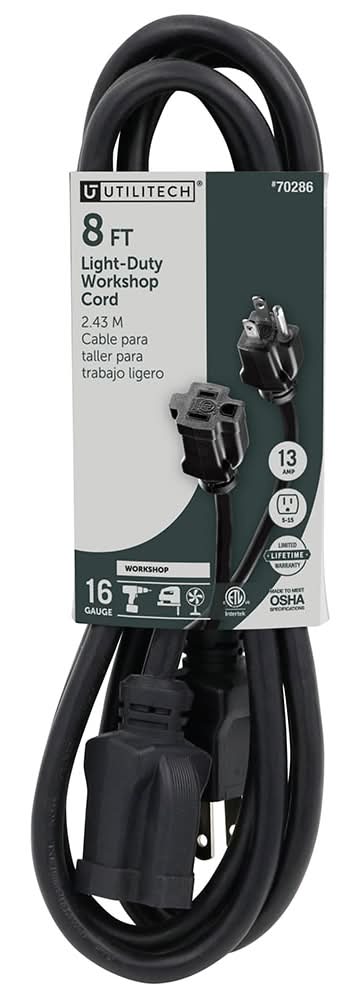 Utilitech 8-ft 16 / 3 Light Duty 3 Prong Black Indoor Extension Power Cord