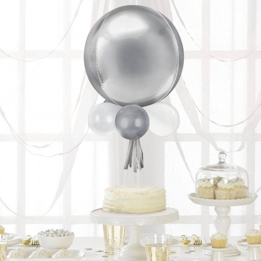 Party City Air-Filled Platinum Orbz Foil & Latex Balloon Chandelier Kit, 16in x 26in, Silver