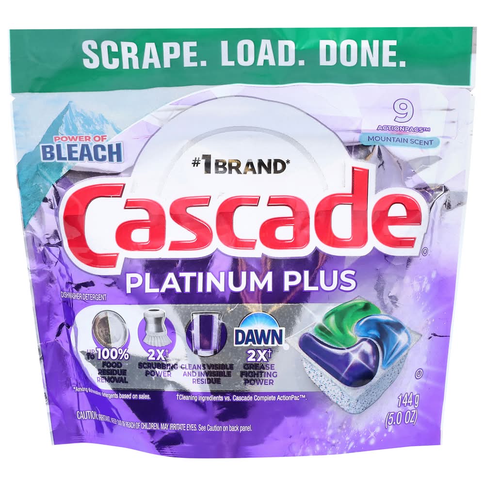 Cascade Platinum Plus Dishwashing Detergent Action Pacs, Mountain (5 oz, 9 ct)