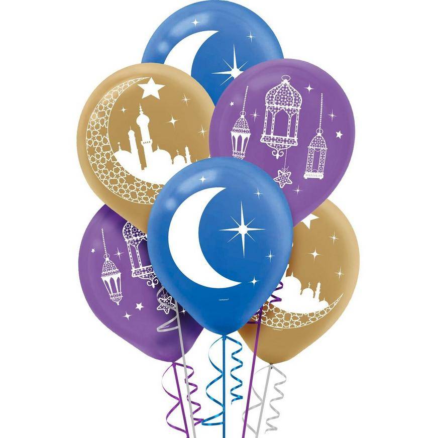 Uninflated 15ct, Crescent Moon Mosque Eid Balloons