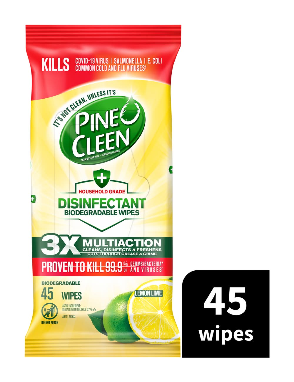 Pine O Cleen Disinfectant Biodegradable Wipes, Lemon Lime (45 pack)