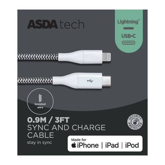 ASDA Tech Lighting to USB-C Cable - White 0.9m