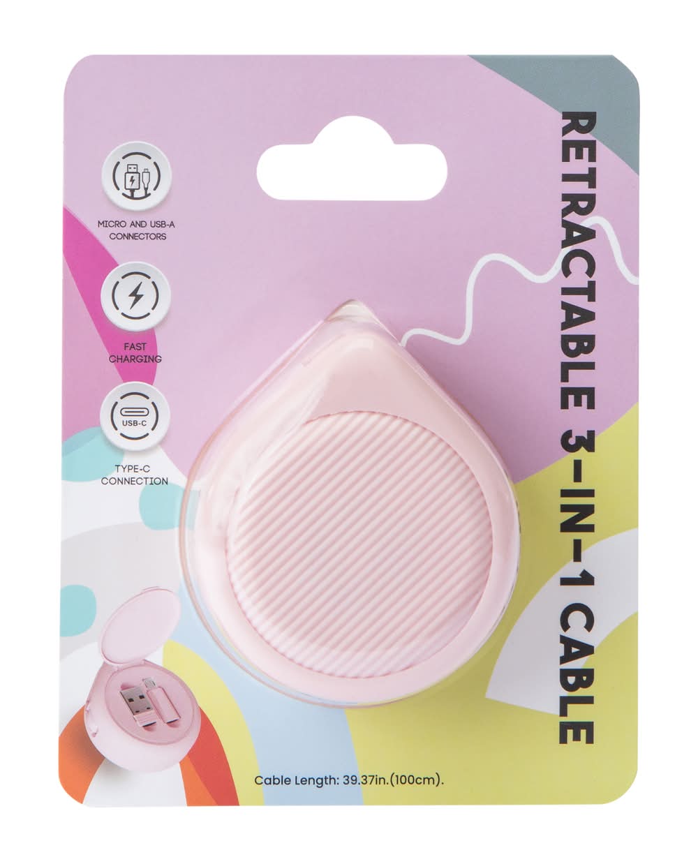 Colored Retractable Fast Charging 3-In-1 Cable Pink