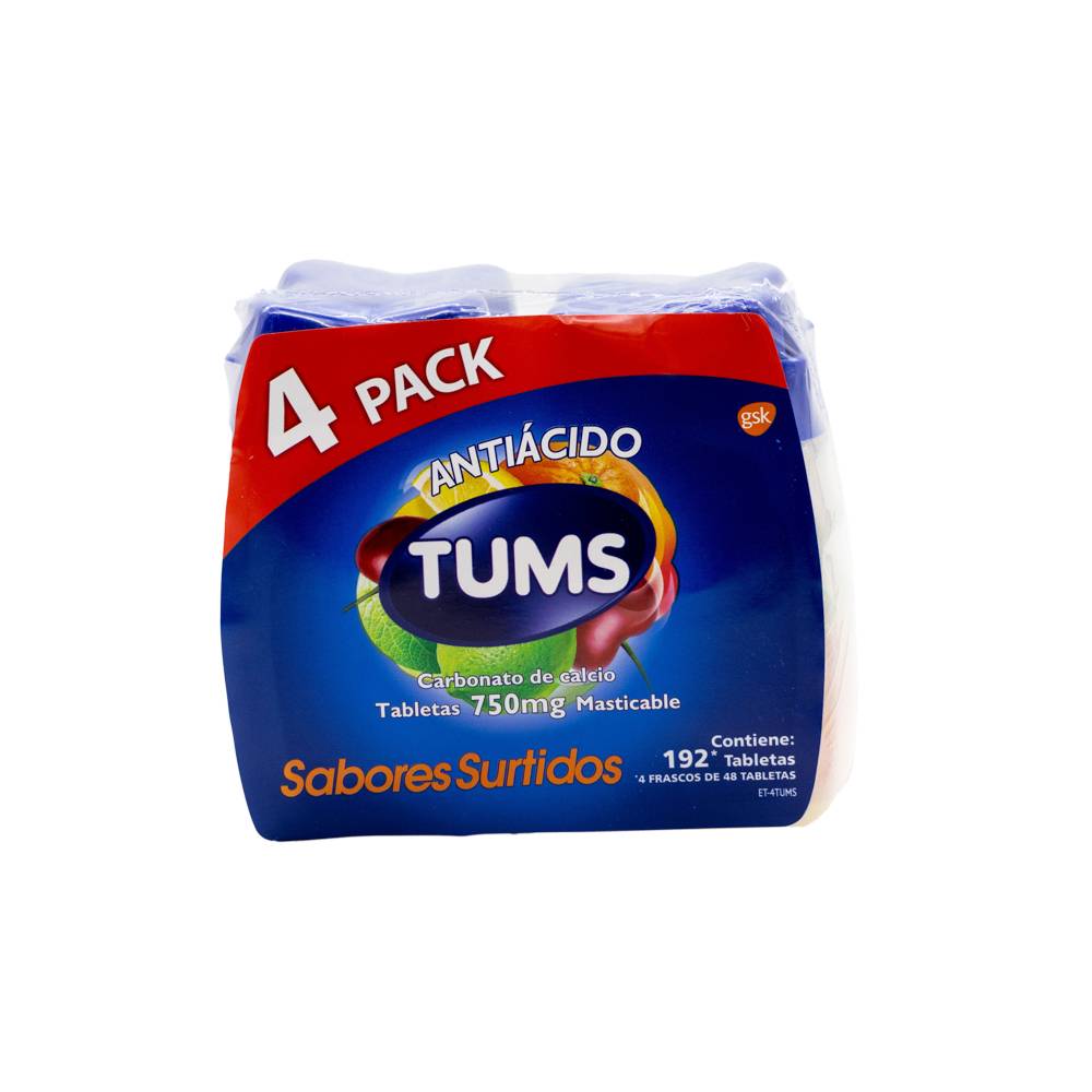 Tums antiácido sabores surtidos tabletas 750 mg (pack 4 x 48 piezas)