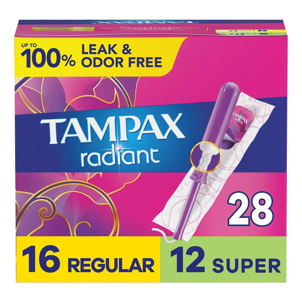 Tampax Radiant Duopack (Regular/Super), Plastic Tampons, Unscented, 28 Count