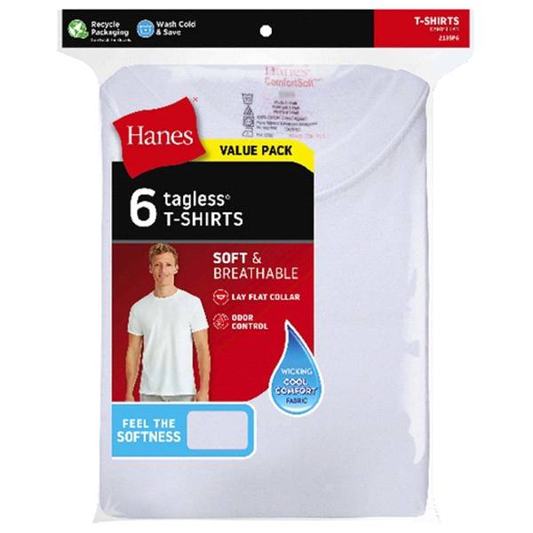 Hanes Men's Crew Neck T-Shirts, White, 6 Pack, Large