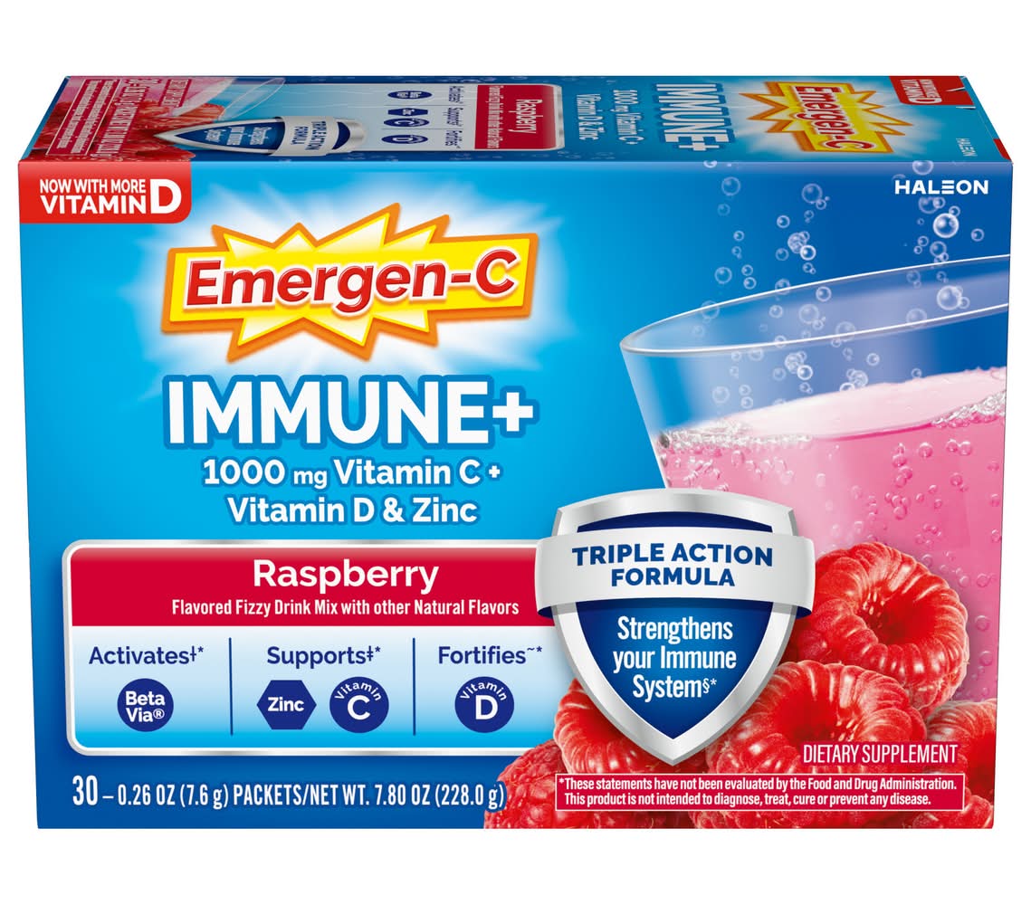 Emergen-C Immune+ Triple Action Formula Support Powder 1000 mg, Raspberry (30 x 0.31 oz)