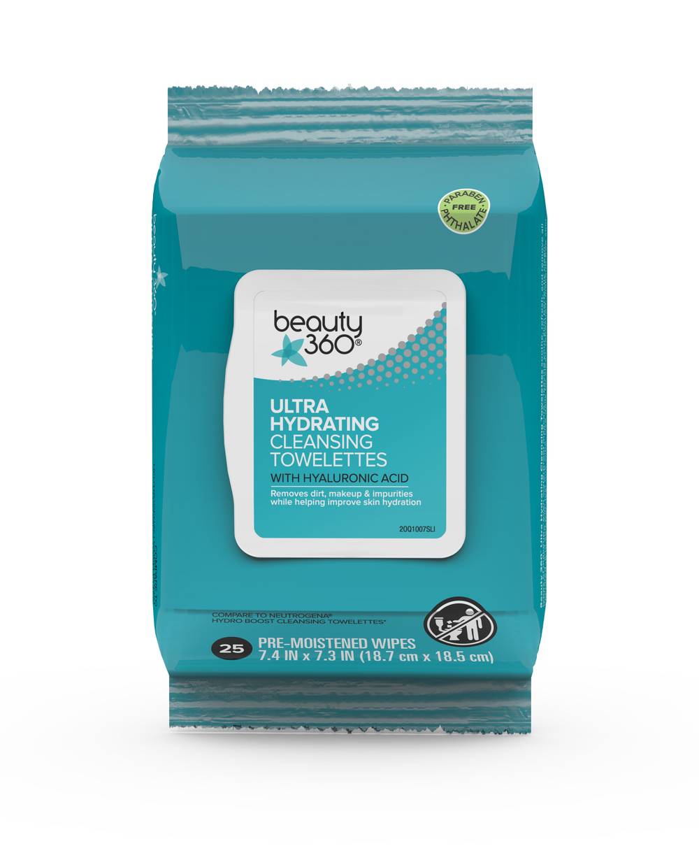 Beauty 360 Ultra Hydrating Cleansing Towelettes With Hyaluronic Acid, 25Ct