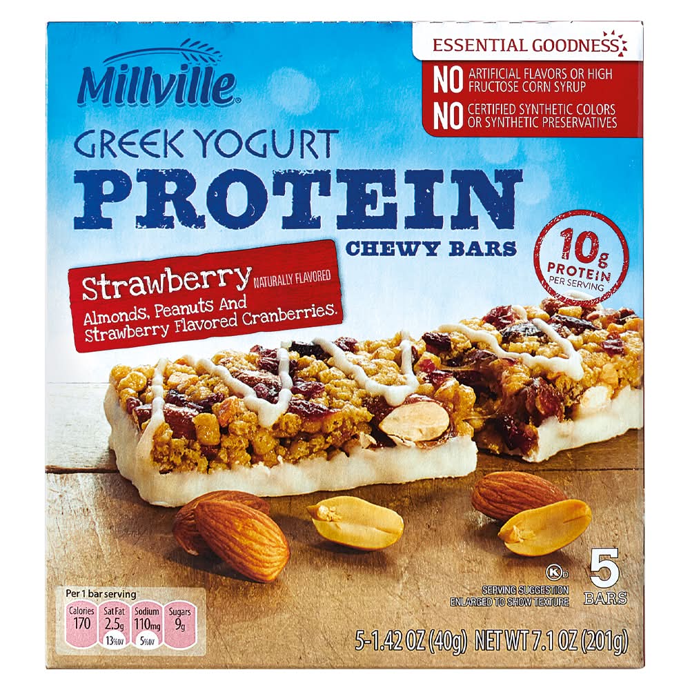 Millville Greek Yogurt Protein Chewy Bars, Strawberry (5 x 1.42 oz)