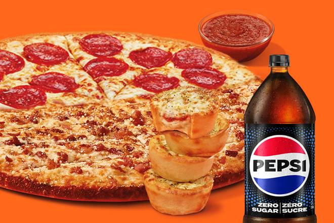 Loyal Fan Bundle: Pepperoni Slices-N-Bacon Stix with Crazy Sauce, 3 Cheese & Herb Crazy Puffs & 2L Pepsi
