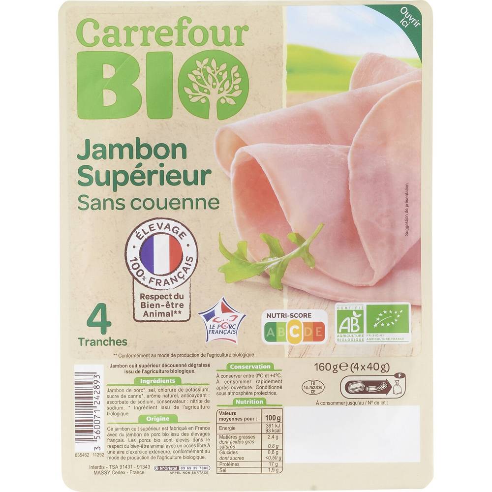 Carrefour Bio - Jambon supérieur sans couenne bio (4 pièces)