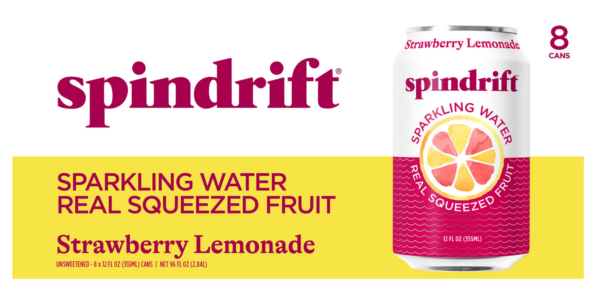 Spindrift Unsweetened Lemonade Sparkling Water, Strawberry (8 x 12 fl oz)