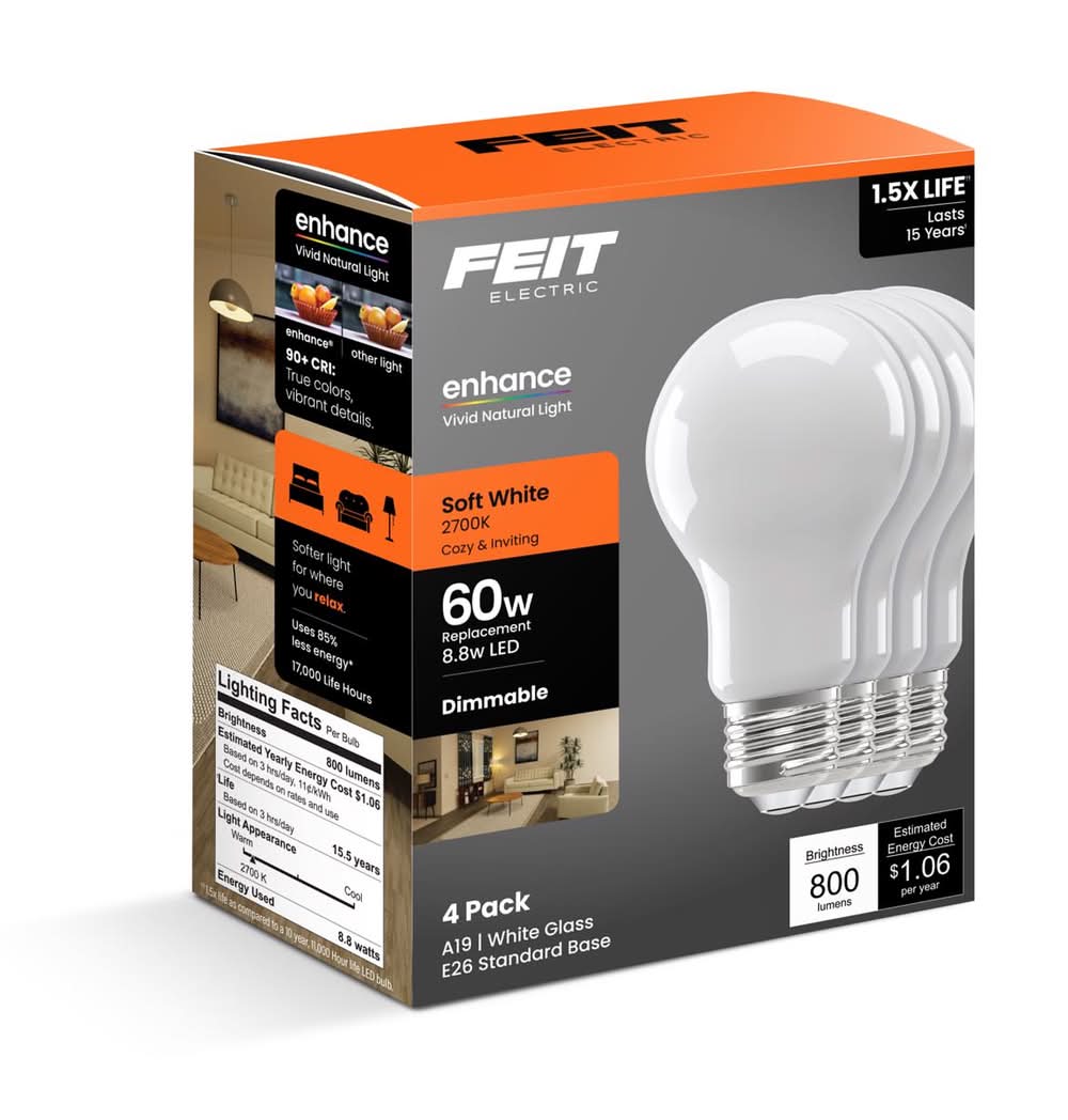 Feit Enhance A19 E26 (Medium) Led Bulb Soft White 60 Watt Equivalence 4 Pk