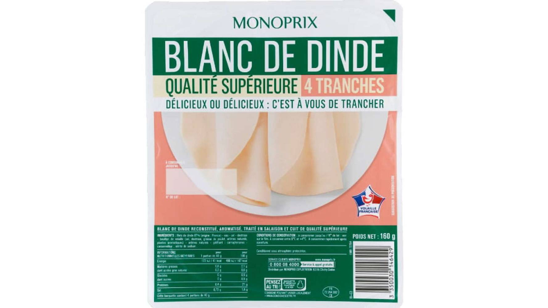 Monoprix Blanc de dinde La barquette de 4 tranches, 160g